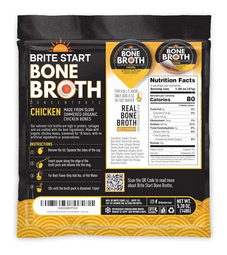 Miniatura 2 de Brite Start Caldo de hueso - Caldo de hueso de pollo - 4 unidades - Concentrado apto para dieta cetogénica empaquetado con 0.66 oz de colágeno, 0.71