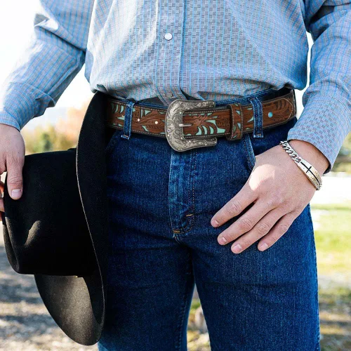 Miniatura 3 de Western-Cowgirl-Cinturones para Mujer y Hombre Turquesa-Decorado-Hebillas Plateadas-Cinturones de Cuero de Vaquero Occidental para Pantalones