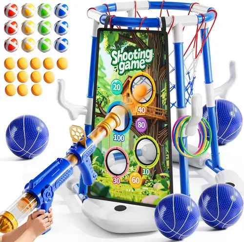 NIPLOOOW Aro de baloncesto para piscina, juego de anillos flotantes 4 en 1 con 4 bolas, lanzador de bomba de aire y bolas adhesivas, juego de