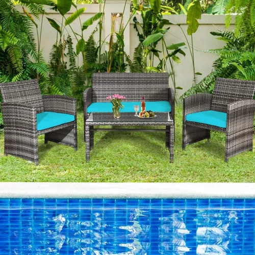 Miniatura 3 de HAPPYGRILL Juego de 4 piezas para conversación de patio con cojines suaves, juego de muebles de ratán con mesa de centro de mimbre de polietileno