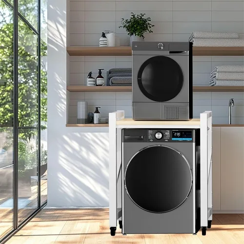 Miniatura 6 de Soporte apilable para lavadora y secadora con 4 ruedas, estantes metálicos para lavadora y secadora con espacio de almacenamiento, kit
