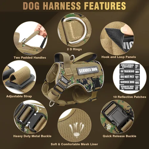 Miniatura 5 de WINSEE - Arnés táctico para perro grande, chaleco MOLLE de servicio para perro resistente con 10 parches para mascotas, chaleco militar de trabajo