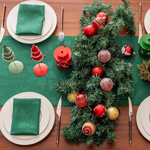 Miniatura 7 de Joyfol Day Caminos de Mesa de Navidad, Impermeable Jacquard Verde Flor de Pascua Camino de Mesa para Navidad Vacaciones Invierno Festival Cocina