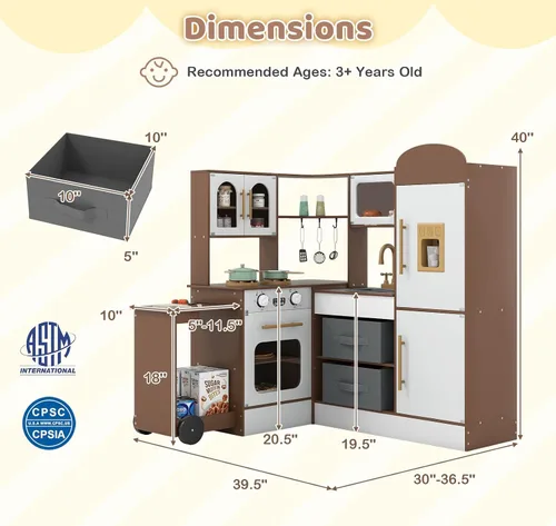 Miniatura 8 de Costzon Cocina de Juego de Esquina, Pequeño Chef Cocina de Juego de Simulación con Luz y Sonido Reales, Carrito Extraíble, Contenedores de Tela