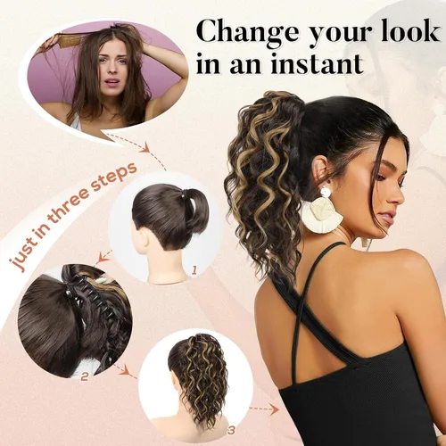 Miniatura 5 de Flufymooz Extensión de cola de caballo, extensión de cola de caballo corta de 12 pulgadas con pinza de garra, cabello ondulado rizado, clip