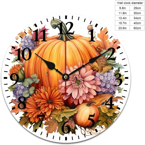 Miniatura 2 de Reloj de pared de madera Country Autumn Harvest Acuarela Calabaza Flores Redondo Reloj Decorativo de Calidad Cuarzo Sin Ticking Otoño Acción