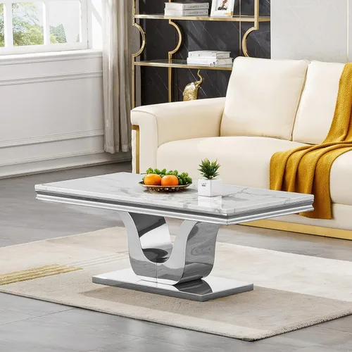 Miniatura 33 de SSLine Mesa de Centro Rectangular de Mármol Sintético para Sala de Estar, Mesa Central Moderna de Mármol Blanco de Lujo con Base Doble en Forma de U