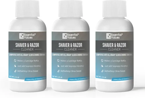 Miniatura 4 de Essential Values Solución de limpieza para afeitadora eléctrica, compatible con cartuchos de repuesto Braun Clean & Renew, 3 botellas para 9