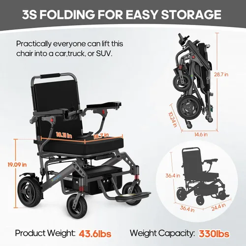 Miniatura 6 de Silla de ruedas eléctrica ligera de 43 libras para adultos, silla de ruedas motorizada plegable para personas mayores, portátil, todo terreno, 15