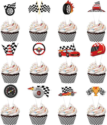 48 paquetes de toppers y envolturas de cupcakes de coche de carreras, decoración de pastel de fiesta de carreras con temática de carreras y cuadros