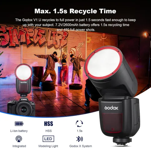 Miniatura 6 de Godox V1S USA V1 SU Flash de cabeza redonda para Sony TTL Hot Shoe 2.4G X Inalámbrico HSS 1/8000s Batería de litio de 2980mAh Lámpara de modelado