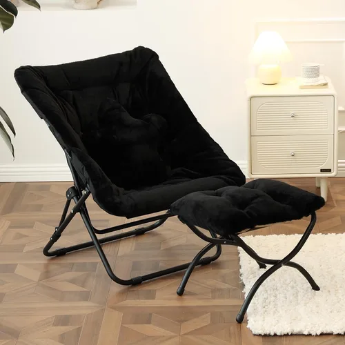 Miniatura 13 de Welnow Cómoda silla platillo con otomana, silla de lectura plegable de gran tamaño para adultos con almohada, silla de salón de piel sintética suave
