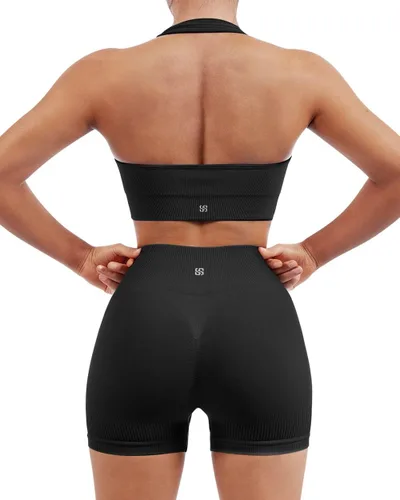 SUUKSESS - Conjunto de entrenamiento, acanalado, sin costuras para mujer, sujetador deportivo sin espalda, pantalón corto tipo ciclista, levanta
