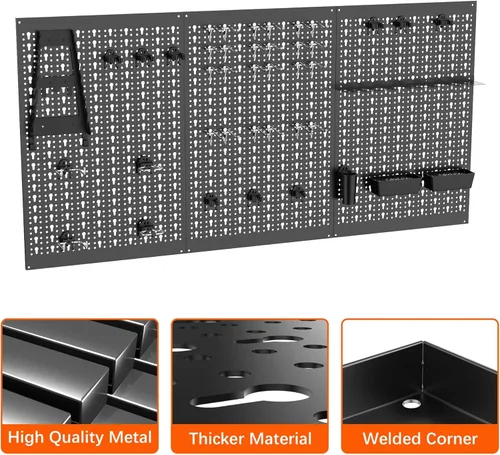 Miniatura 5 de TORACK 3 piezas de paneles de tablero de clavijas de metal para almacenamiento de herramientas de garaje, tablero de clavijas para banco de trabajo