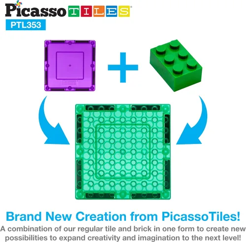Miniatura 5 de PicassoTiles Juego combinado de 16 piezas + 353 piezas de azulejos magnéticos y ladrillos, figuras de acción, juguetes de aprendizaje STEM, a partir