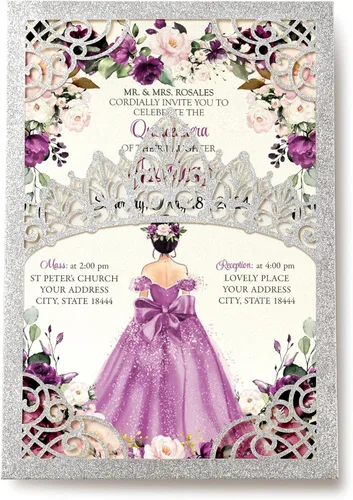 Miniatura 23 de 50 invitaciones de quinceañera con corona negra perlada cortada con láser Invitaciones de cumpleaños florales burdeos para Sweet 16/Miss XV
