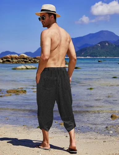 Miniatura 4 de COOFANDY Pantalones capri harén de lino para hombre, ligeros, sueltos, 34, con cordón elástico, cintura elástica, pantalones casuales para yoga