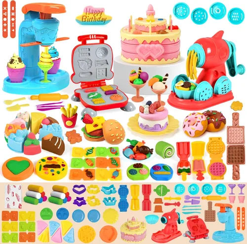 Aprilwolf 70 PCS Juego de Masa 4 en 1 para Niños de 3-4-8 Años, Kit de Herramientas de Masa para Manualidades de Arte, Set de Juego de Helado Fideos