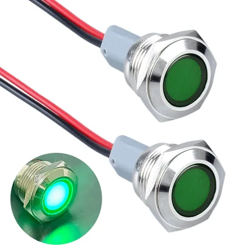 2 piezas de 16 mm (5/8") luz indicadora LED, 12-24V AC/DC 20mA, lámpara piloto de metal impermeable IP67 de ahorro de energía, lámpara plana de Verde