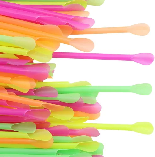 Miniatura 2 de DEEBF - Paquete de 500 pajitas de cuchara Sno-Cone, pajitas de plástico desechables de colores neón mixtos, 8 pulgadas