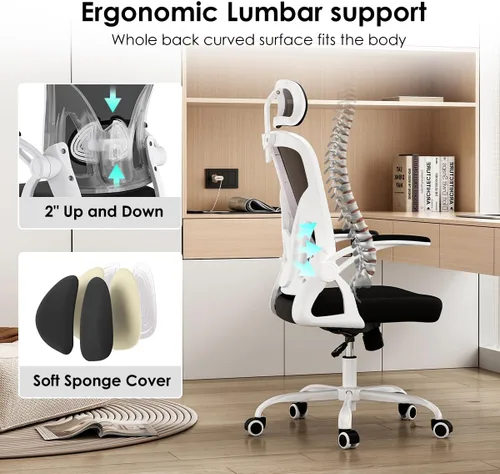 Miniatura 5 de Office Chair Ergonomic Desk Chair, 300LBS Capacity, High Back Computer Chair with Lumbar Support, Flip-up Armrests Swivel Task Chairs for Long Hours