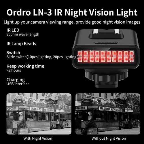 Miniatura 3 de Ordro Luz de visión nocturna IR LN-3 para mejorar la visibilidad de la cámara de disparo nocturno, cámara DSLR/ORDRO compatible con zapata caliente
