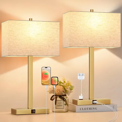 Miniatura 13 de Lynnoland Juego de 2 lámparas de noche de 21 pulgadas con tomas USB A+C y CA, control táctil, regulables de 3 vías, para dormitorio, sala de estar