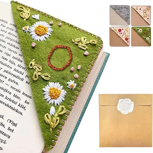 Miniatura 30 de Marcapáginas de esquina bordado a mano personalizado, 26 letras con costura a mano de fieltro, marcapáginas de esquina con bordado de flores lindo