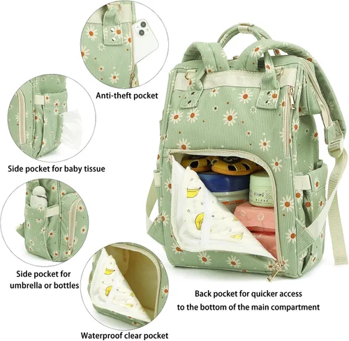 Miniatura 4 de Mochila de ante para pañales para bebés, niñas y niños, mujeres, grandes bolsas de pañales para mamá (Daisy de ante verde)