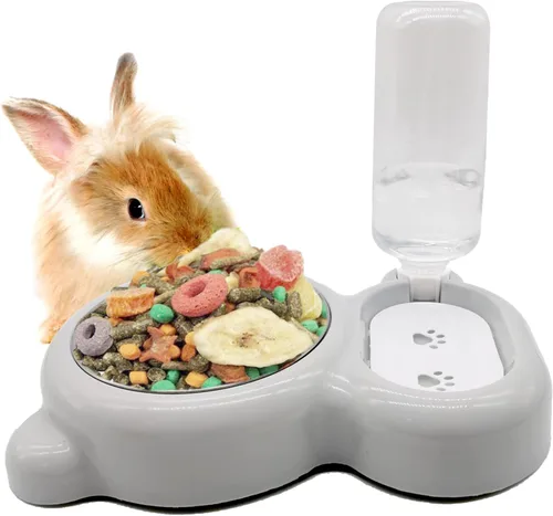 Tfwadmx Juego de dispensador de agua de comida para conejos, cuencos autolenantes para gatos, sin derrames, botella de agua automática para perros,