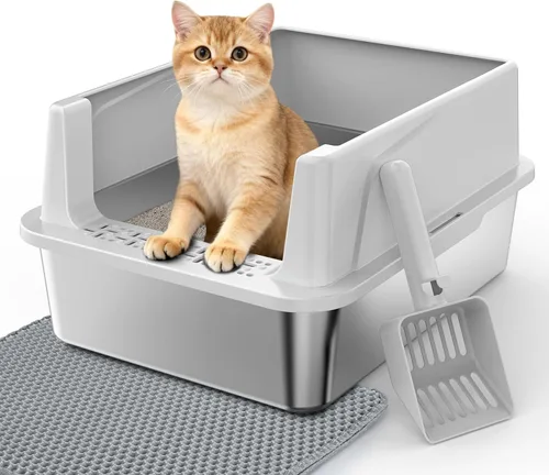Miniatura 10 de Caja de arena de acero inoxidable, cajas de arena extra grandes para gatos grandes, caja de arena de metal extragrande para gatos con tapa, caja XL