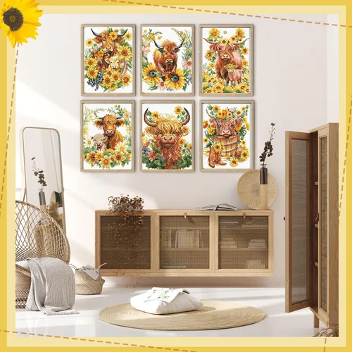 Miniatura 5 de Harloon Paquete de 6 kits de arte de diamantes de vaca de las tierras altas para adultos principiantes vaca 5D primavera verano pintura de diamantes