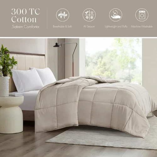 Miniatura 3 de Madison Park Edredón de algodón, edredón de algodón de 300 hilos, acolchado en caja, suave, transpirable, ligero, para todas las estaciones, ropa