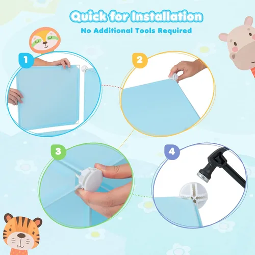 Miniatura 7 de Costzon Armario para Niños, Organizador de Almacenamiento Modular de Tocador de Dibujos Animados DIY con 12 Cubos y 2 Percheros para Colgar Ropa