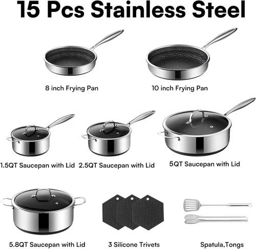 Miniatura 2 de Juego de utensilios de cocina de acero inoxidable de 5 capas de 15 piezas con tapas, ollas y sartenes antiadherentes, juego de utensilios de cocina