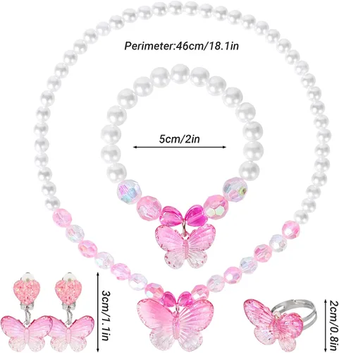 Miniatura 6 de 2 juegos de joyería de princesa para niñas pequeñas, juego de joyería de mariposa para niños, collares elásticos, pulseras, anillos y pendientes