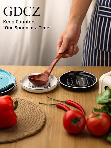Miniatura 6 de GDCZ - Soporte de cuchara de cerámica de 5 pulgadas para encimera de cocina y estufa (negro, 1) 5 Inch Round Spoon Rest, Grooved Slot, Keeps