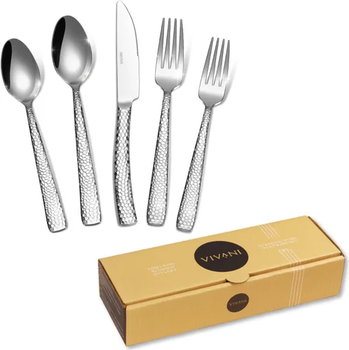 Miniatura 11 de VIVANI Juego de cubiertos pesados de 20 piezas de acero inoxidable para 4 personas con asas martilladas, cubiertos negros para el hogar