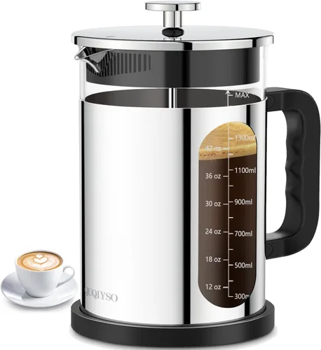 Miniatura 20 de QUQIYSO Cafetera de prensa francesa de acero inoxidable 304 con 4 filtros, resistente al calor, duradera, fácil de limpiar, prensa de café de vidrio