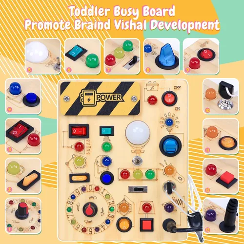 Miniatura 2 de Tablero de actividades con interruptores de luz LED, juguetes Montessori para niños de 1, 2, 3 años, tablero de actividades sensoriales de madera
