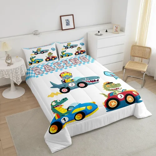 Miniatura 4 de Erosebridal Juego de ropa de cama de dinosaurio de carreras de dinosaurios, juego de edredón de plumón de dinosaurio de caricaturas para niños