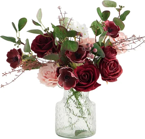 Miniatura 6 de Anna's Whimsy Flores artificiales con jarrón, rosas blancas, peonías de seda en jarrón, centros de mesa de imitación florales para arreglos de mesa