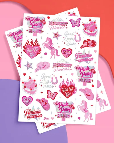 Miniatura 2 de xo, Fetti Pink Pony Club - Tatuajes temporales – 54 piezas de papel de aluminio iridiscente Fiesta de despedida de soltera de vaquera, recuerdos