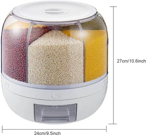 Miniatura 7 de Dispensador de cereales giratorio para encimera, recipientes de grano con 6 compartimentos, ideal para almacenamiento de lentejas, arroz, frijoles