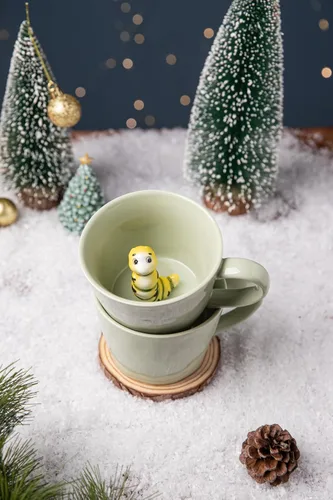 Miniatura 8 de DIHOclub Taza de café de cerámica de oruga oculta en el interior de animales en 3D, serie de jardín, hecha a mano con figuras de oruga (verde claro)