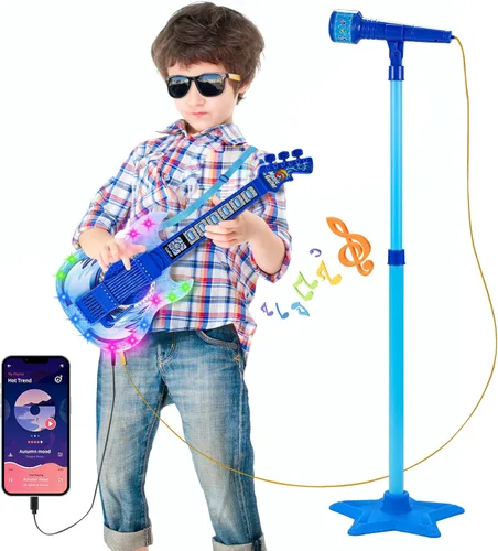 Miniatura 8 de Juego de guitarra y micrófono para niñas, máquina de karaoke con música y luz, juguetes de micrófono con soporte, juguetes de guitarra de altura