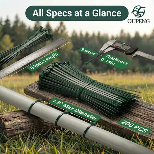 Miniatura 2 de 200 bridas de nailon de 8 pulgadas, color verde, multiuso, autobloqueo, bridas de plástico ultra fuertes con resistencia a la tracción de 40 libras