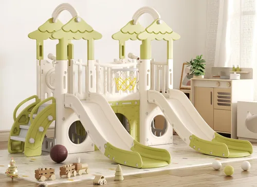 Miniatura 9 de XJD Juego de tobogán 9 en 1 para niños pequeños, juego de doble tobogán de selva con aro de baloncesto, túnel y espacio de almacenamiento, tobogán