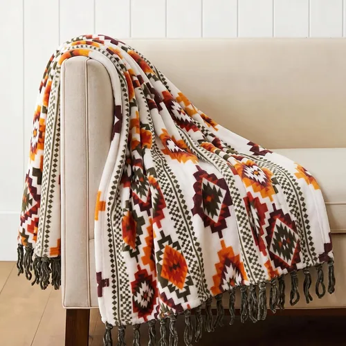 Miniatura 13 de CASAAGUSTO Manta bohemia – Manta decorativa verde y beige con borla, manta bohemia de franela impresa para silla, cama, sofá