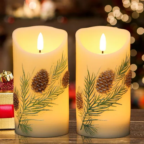 Eldnacele Velas de Navidad sin llama con temporizador de 6 horas, operadas por batería, piña pintada a mano, cera real, mecha 3D, velas LED de pilar